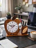 Wooden Apple Desk Clock with Pen Holder | Handmade Office Organizer & Custom Gift