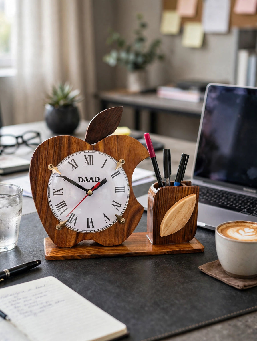 Wooden Apple Desk Clock with Pen Holder | Handmade Office Organizer & Custom Gift
