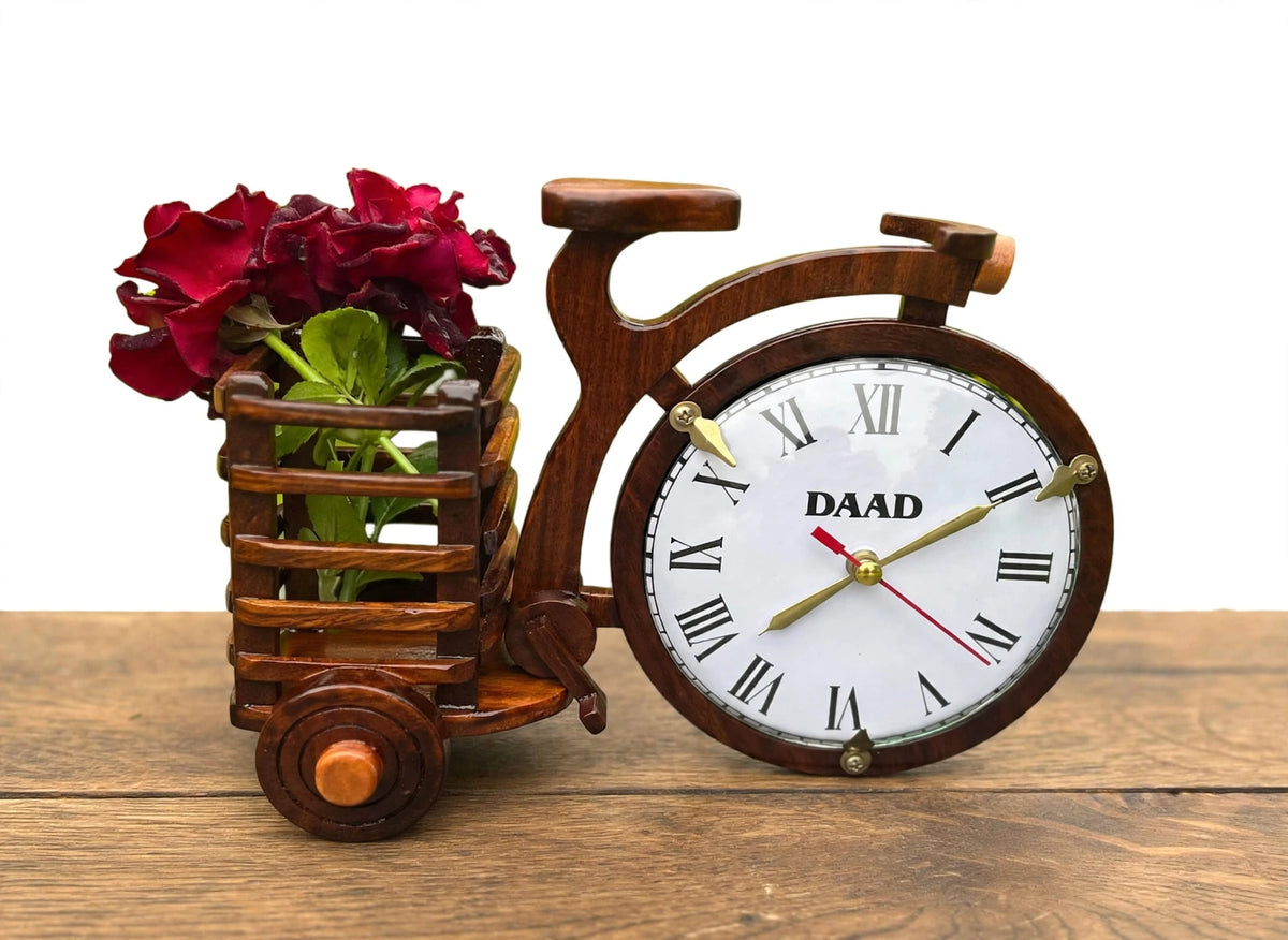 Handcrafted Wooden Bicycle Clock with Flower Basket | Decorative Table Clock & Vase