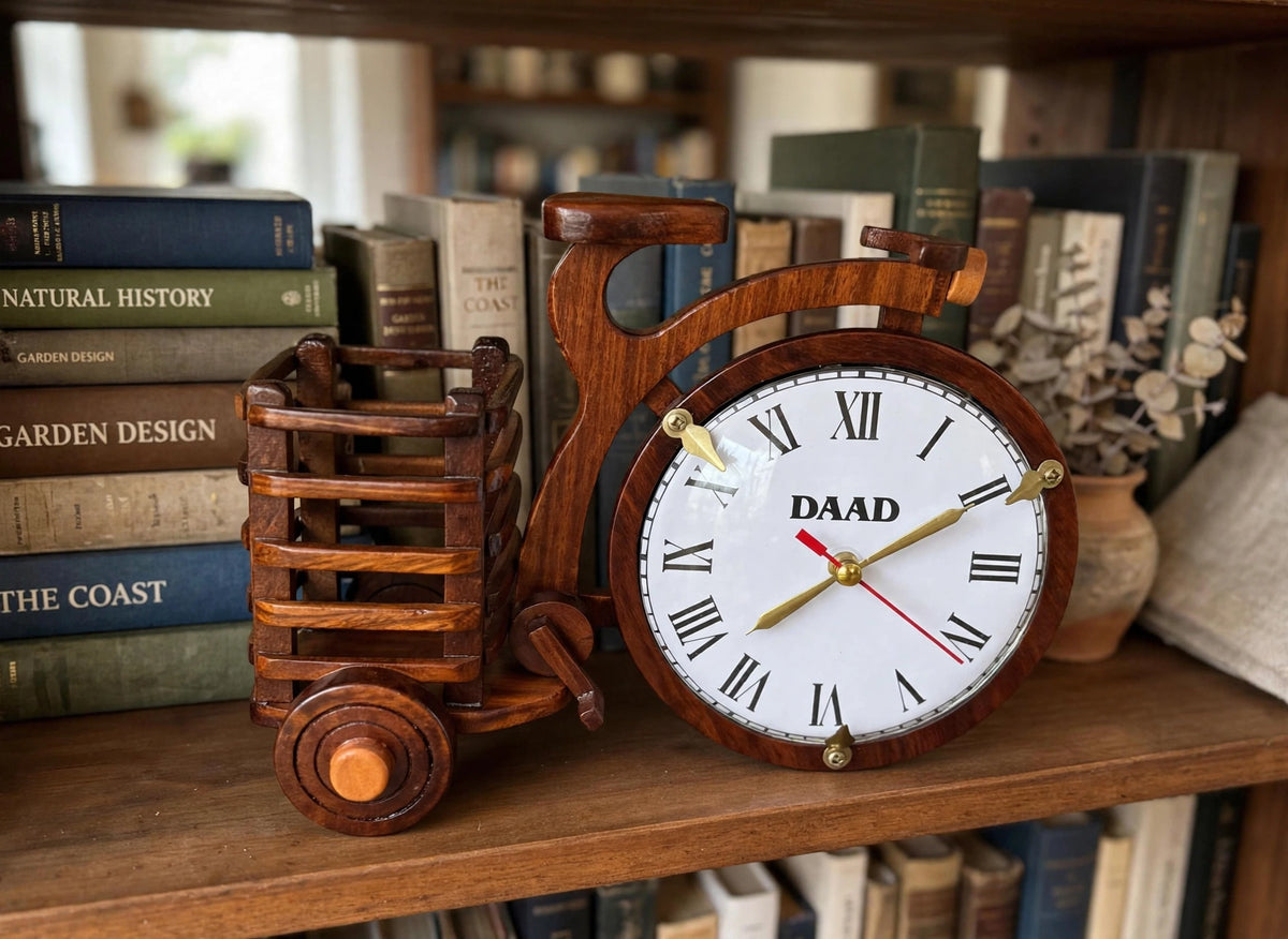 Handcrafted Wooden Bicycle Clock with Flower Basket | Decorative Table Clock & Vase