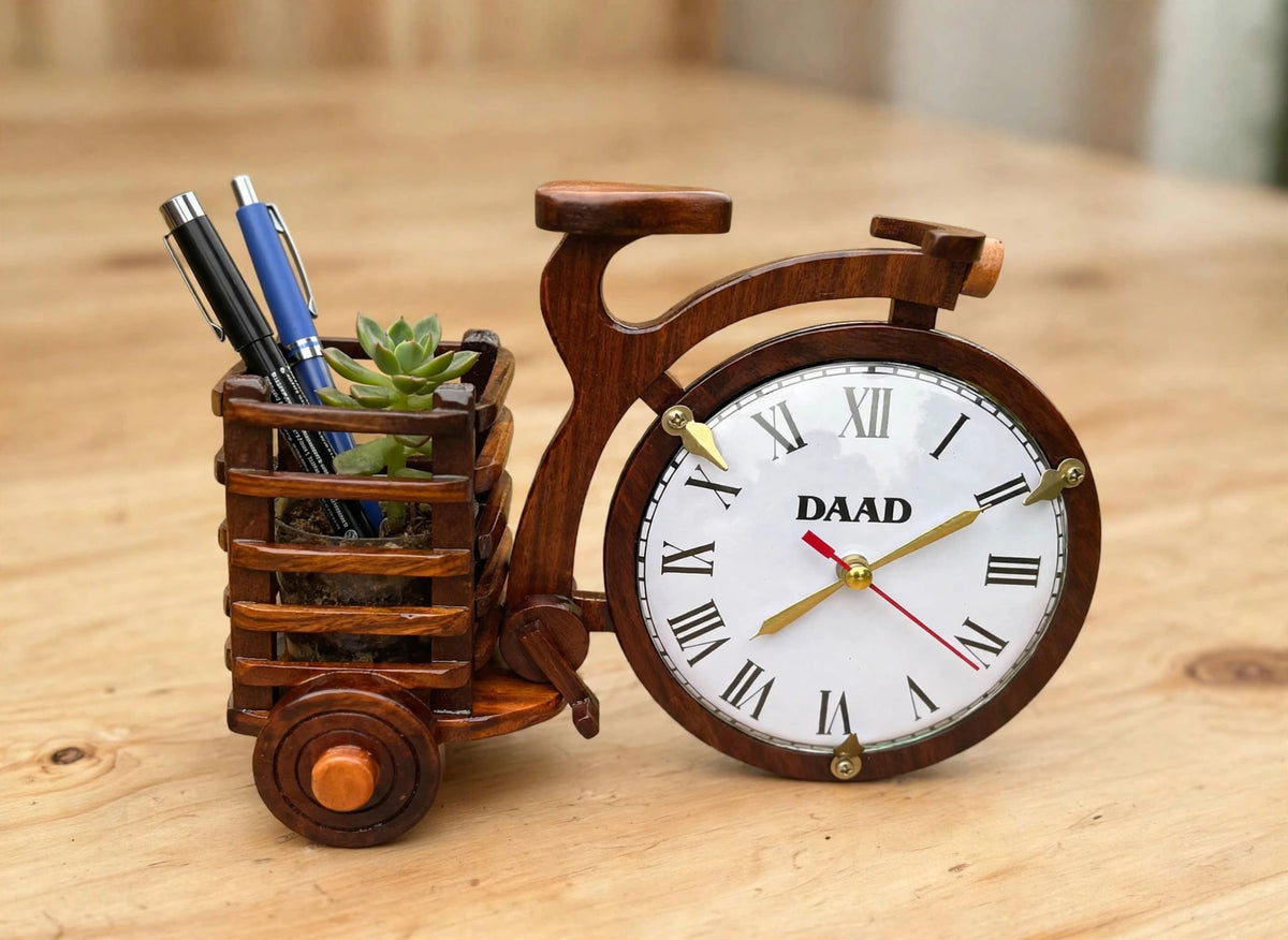 Handcrafted Wooden Bicycle Clock with Flower Basket | Decorative Table Clock & Vase