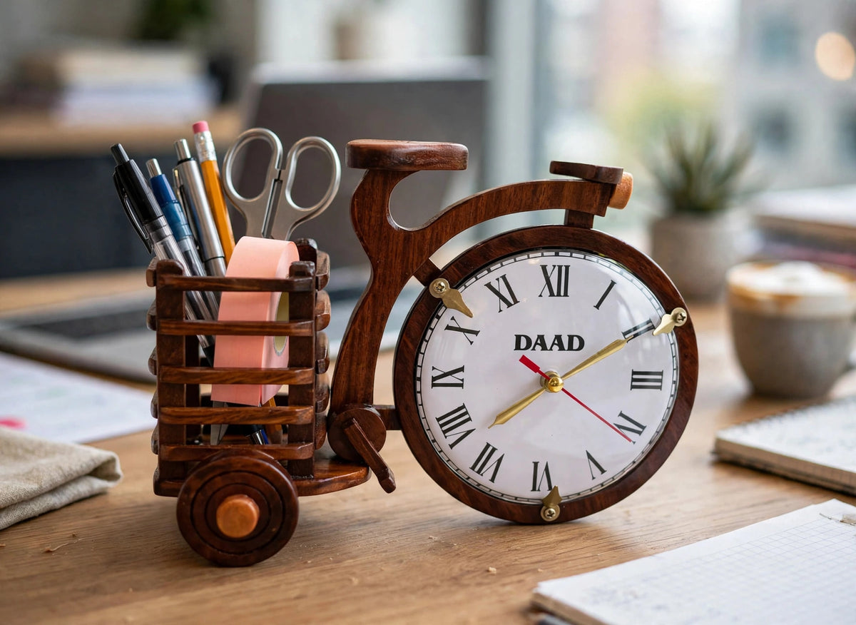 Handcrafted Wooden Bicycle Clock with Flower Basket | Decorative Table Clock & Vase