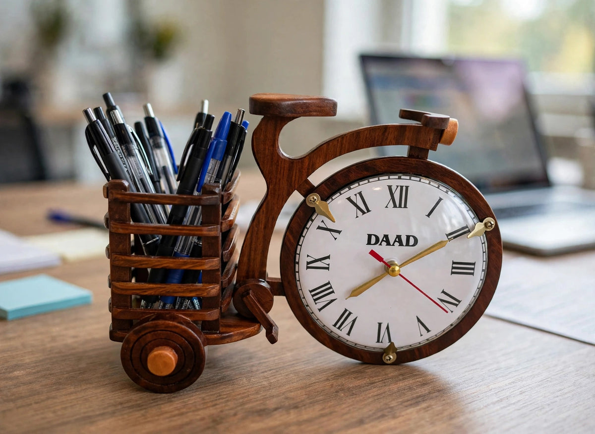 Handcrafted Wooden Bicycle Clock with Flower Basket | Decorative Table Clock & Vase
