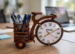 Handcrafted Wooden Bicycle Clock with Flower Basket | Decorative Table Clock & Vase