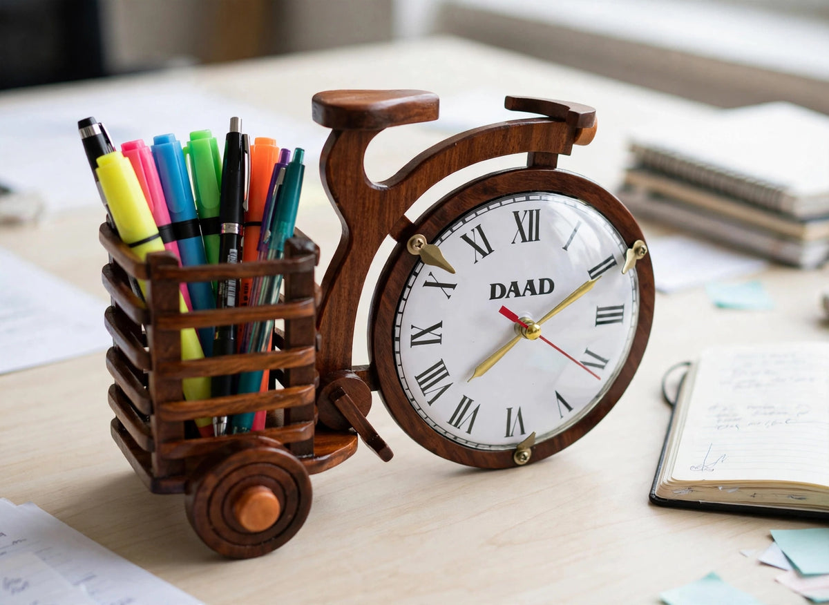 Handcrafted Wooden Bicycle Clock with Flower Basket | Decorative Table Clock & Vase