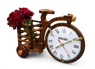 Handcrafted Wooden Bicycle Clock with Flower Basket | Decorative Table Clock & Vase