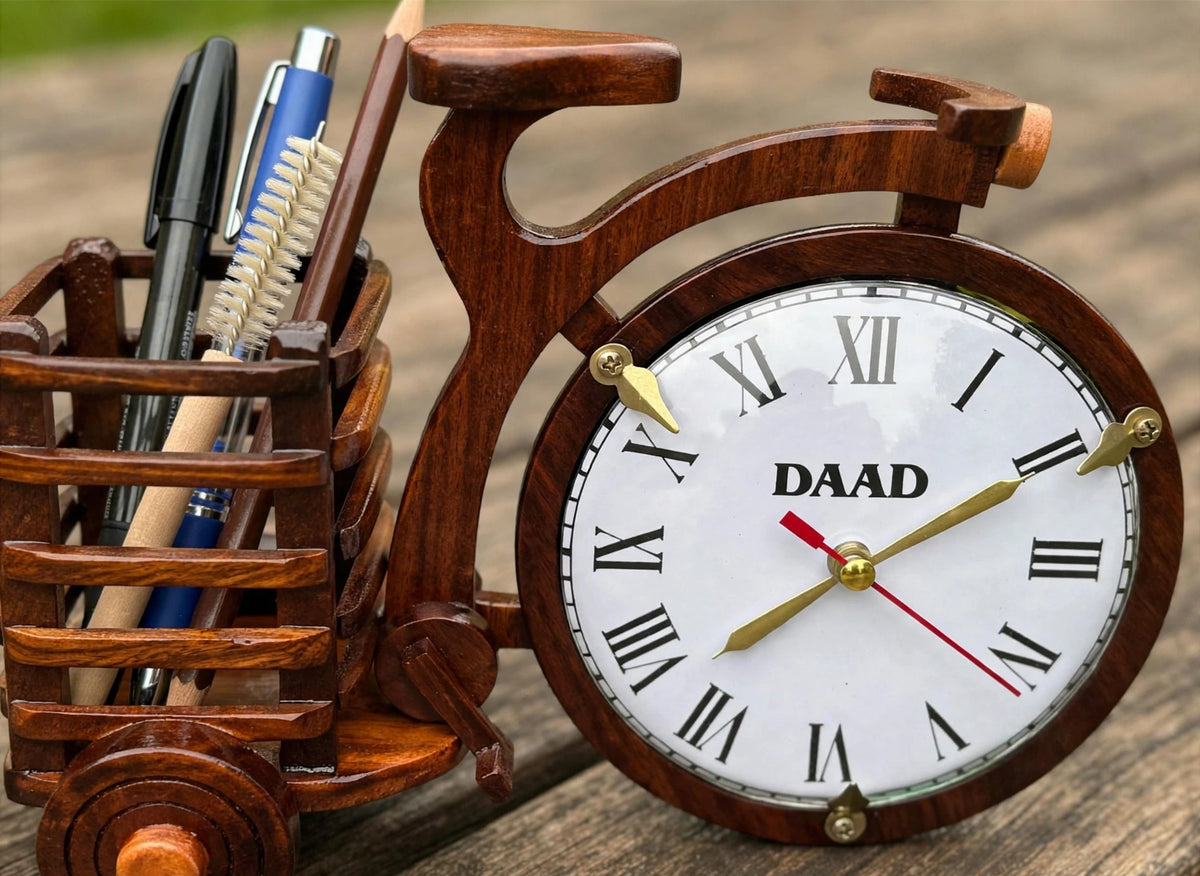 Handcrafted Wooden Bicycle Clock with Flower Basket | Decorative Table Clock & Vase