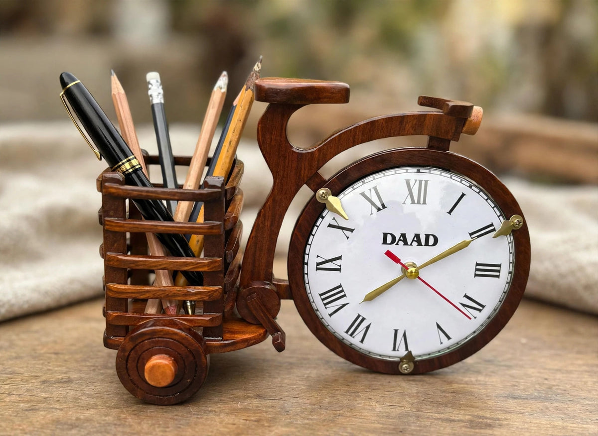 Handcrafted Wooden Bicycle Clock with Flower Basket | Decorative Table Clock & Vase
