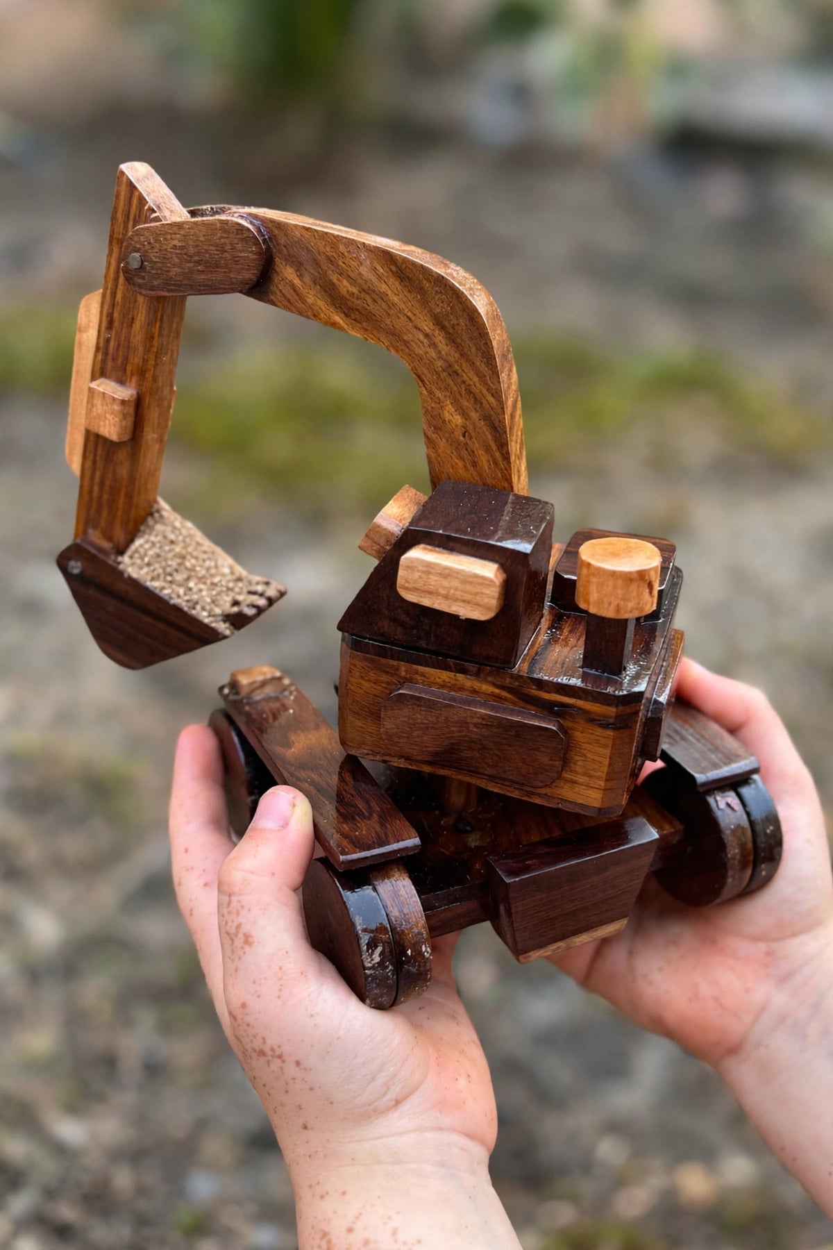 Wooden Excavator Model – Rustic Construction Vehicle Decor