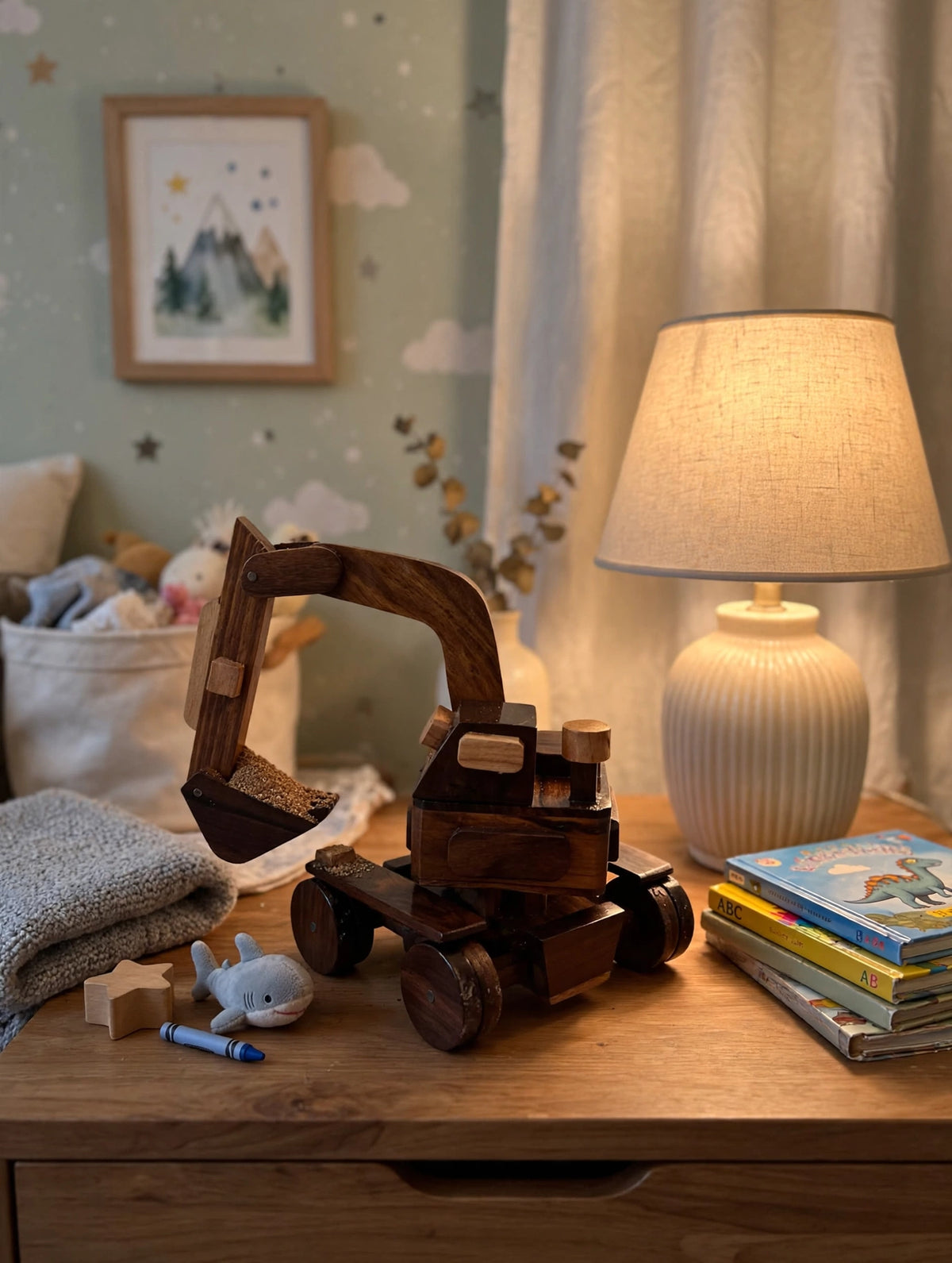 Wooden Excavator Model – Rustic Construction Vehicle Decor
