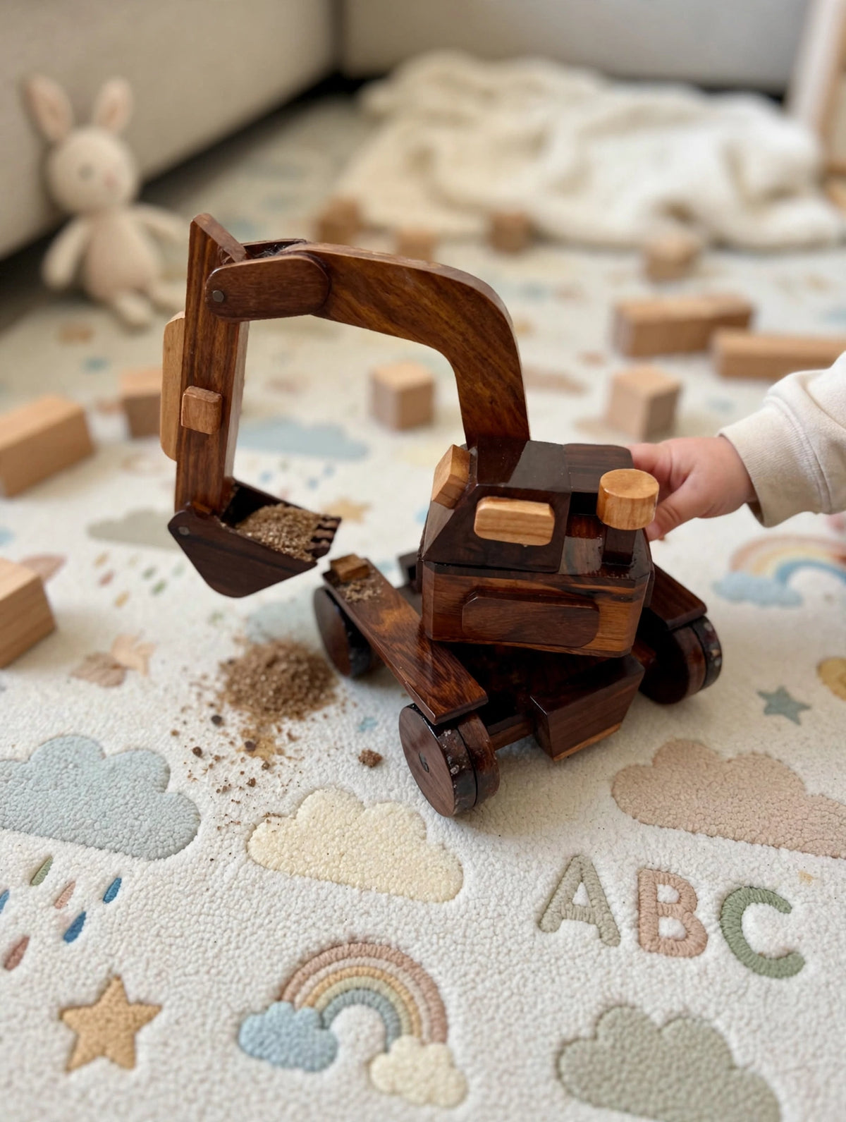 Wooden Excavator Model – Rustic Construction Vehicle Decor