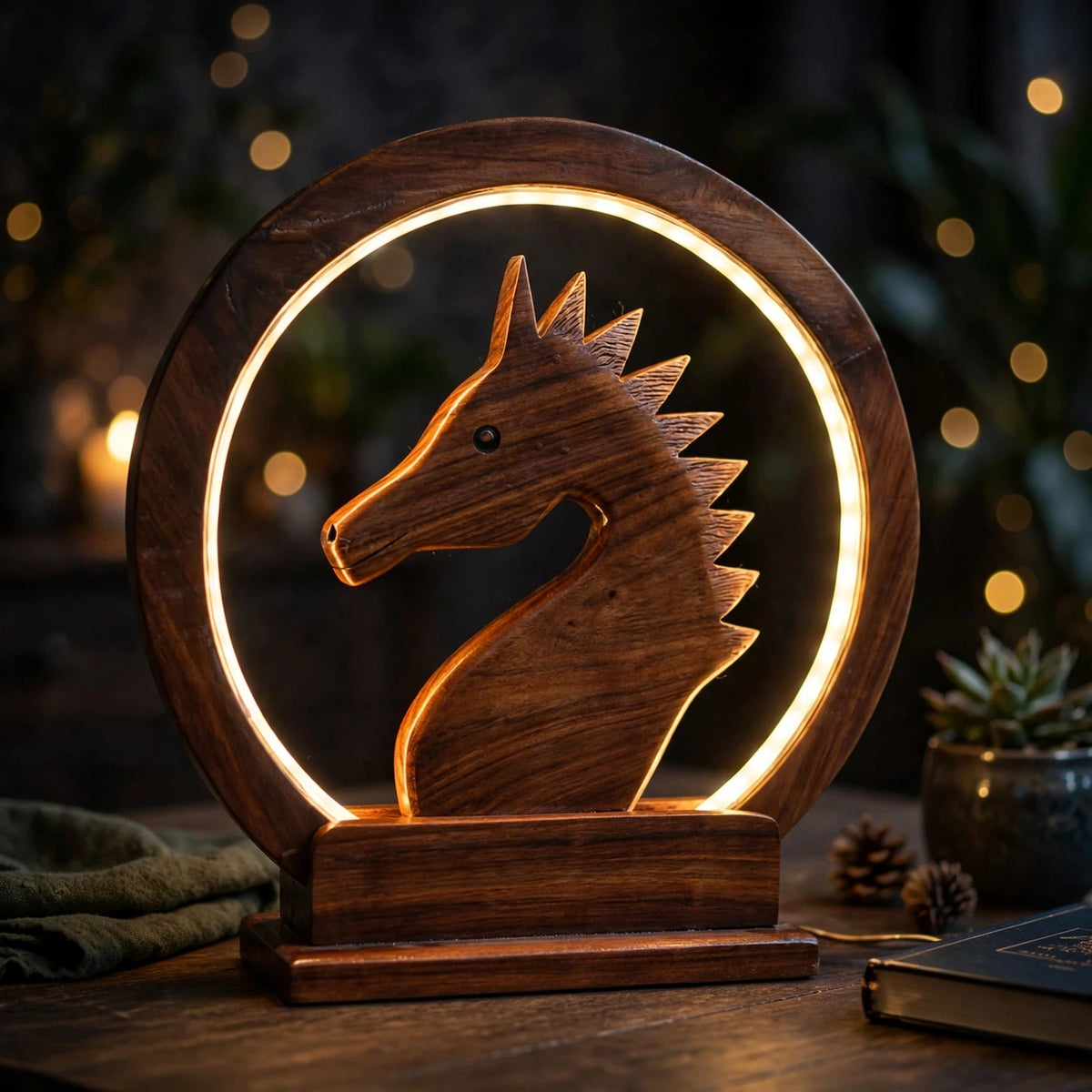 Handcrafted Wooden Horse LED Lamp