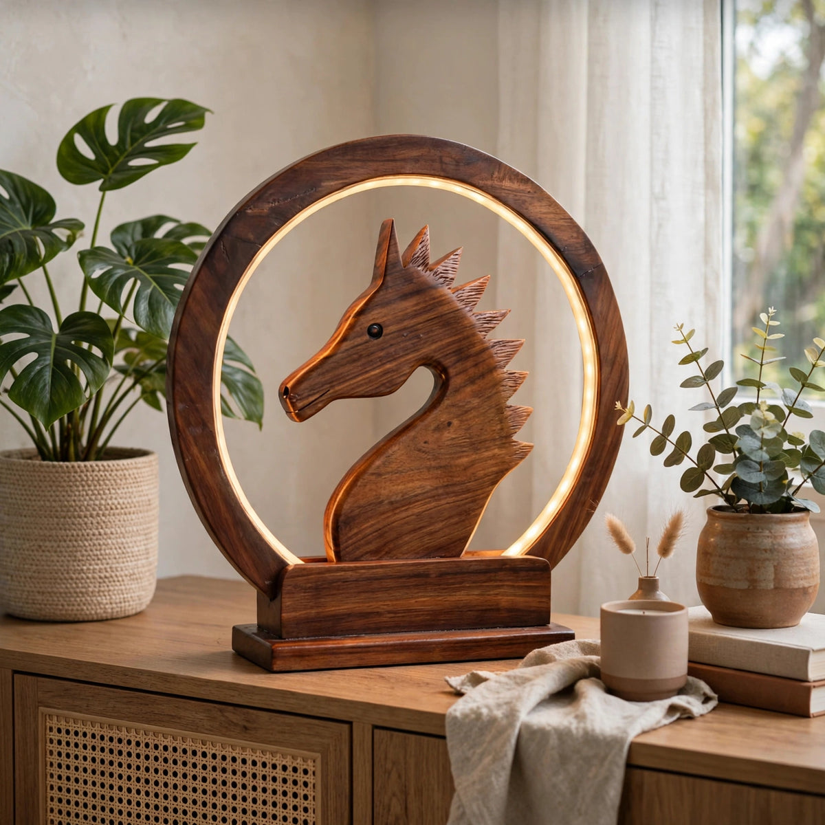 Handcrafted Wooden Horse LED Lamp