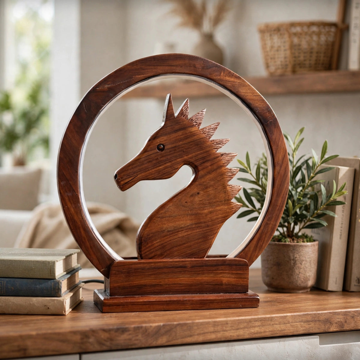 Handcrafted Wooden Horse LED Lamp