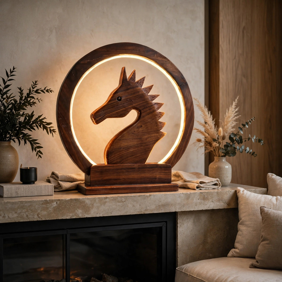 Handcrafted Wooden Horse LED Lamp