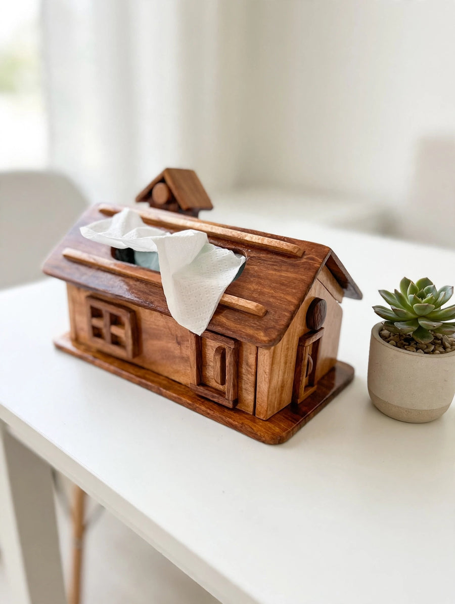 Handcrafted Wooden House Tissue Box Holder