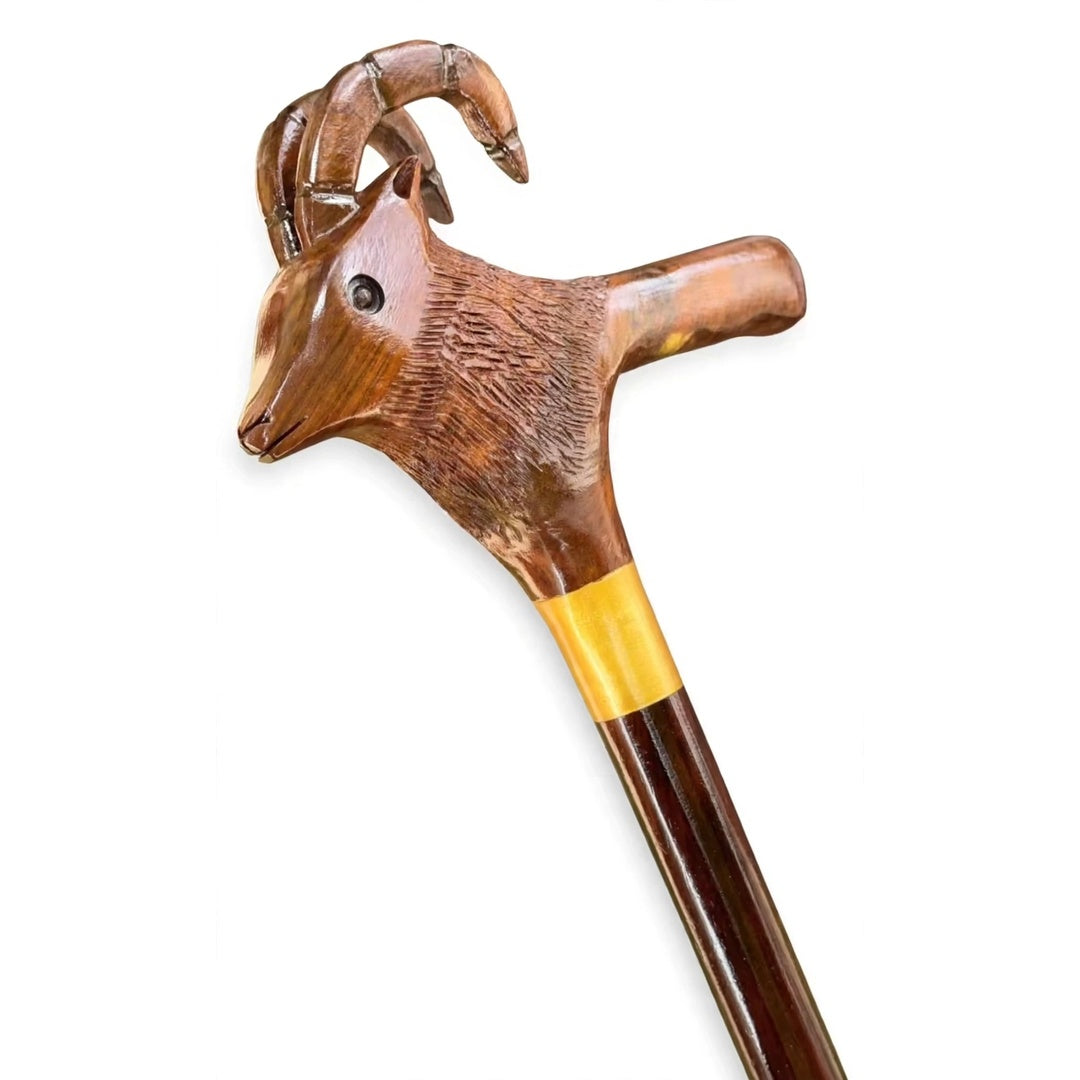 Handcrafted Ibex Head Wooden Walking Cane – Carved Mountain Goat Design
