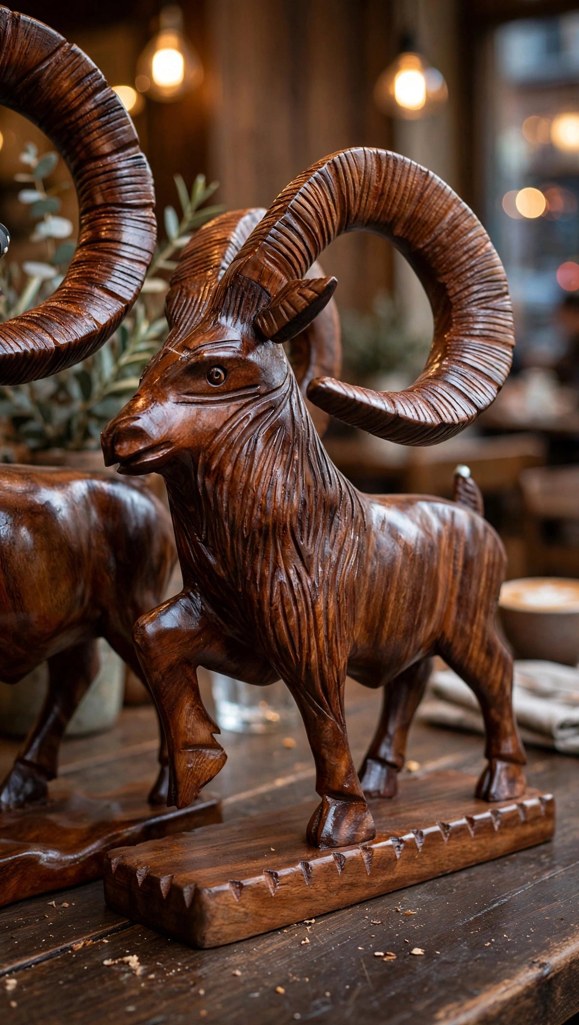 Handcrafted Wooden Markhor Statue – Traditional Animal Home Decor