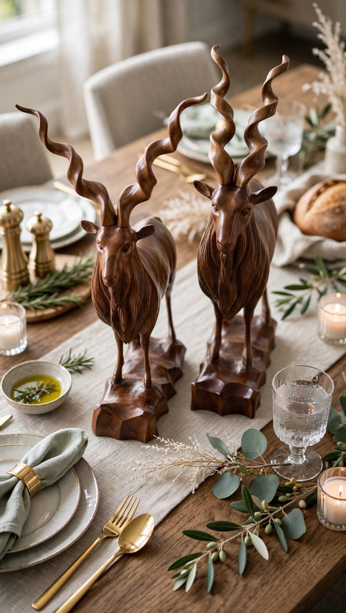 Handcrafted Wooden Markhor Statue – Luxury Animal Decor & Gift Set