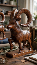 Handcrafted Wooden Markhor Statue – Traditional Animal Home Decor