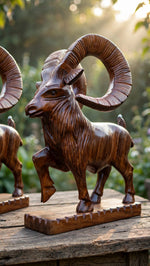 Handcrafted Wooden Markhor Statue – Traditional Animal Home Decor