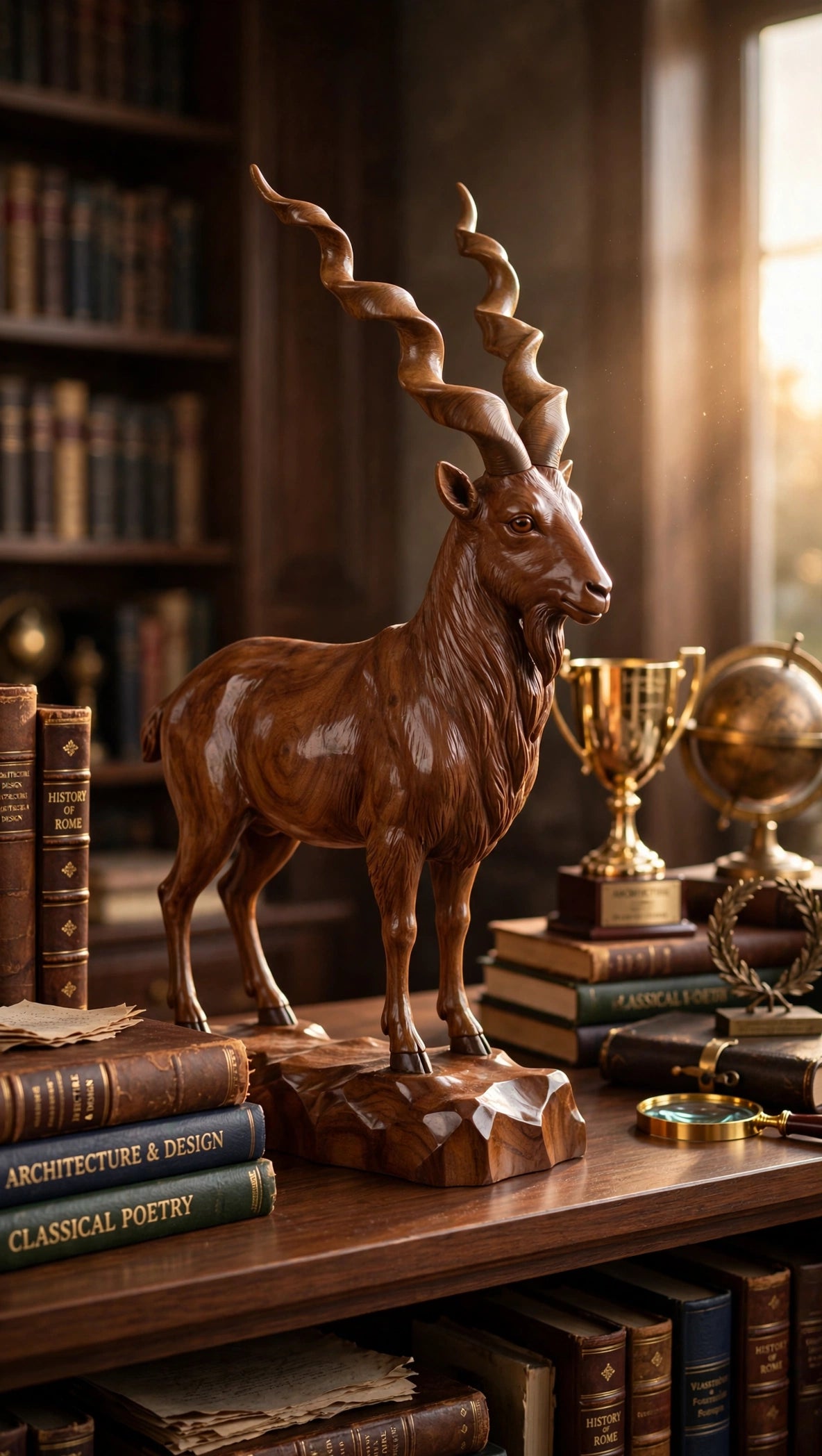 Handcrafted Wooden Markhor Statue – Luxury Animal Decor & Gift Set