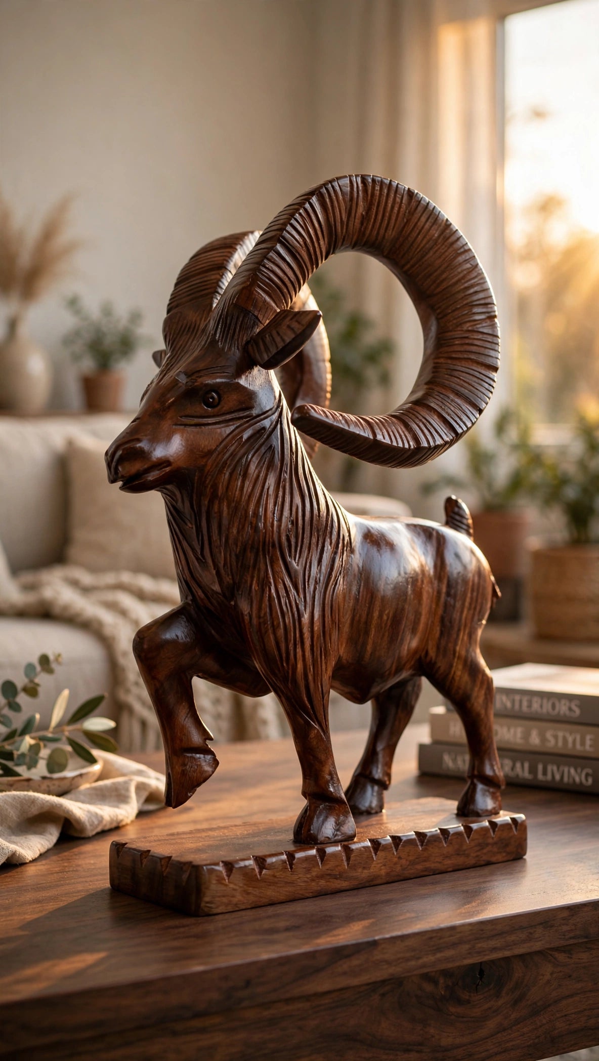 Handcrafted Wooden Markhor Statue – Traditional Animal Home Decor