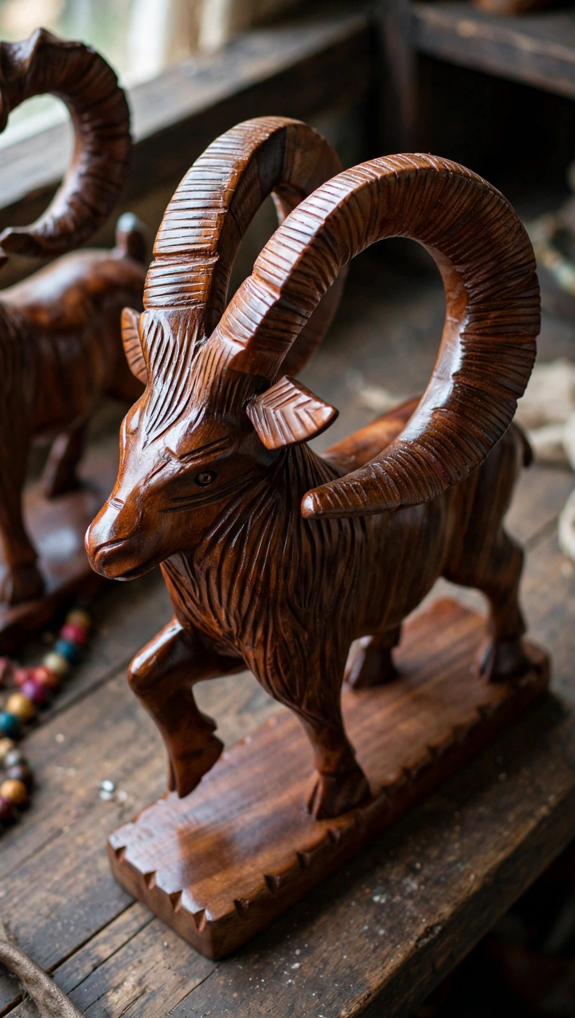Handcrafted Wooden Markhor Statue – Traditional Animal Home Decor