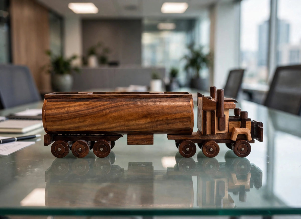 Handcrafted Wooden Oil Tanker Showpiece