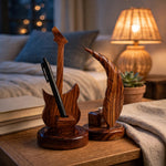 Handmade Sheesham Wood Pen Holder – Feather & Guitar