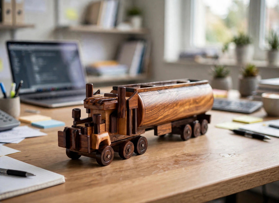 Handcrafted Wooden Oil Tanker Showpiece