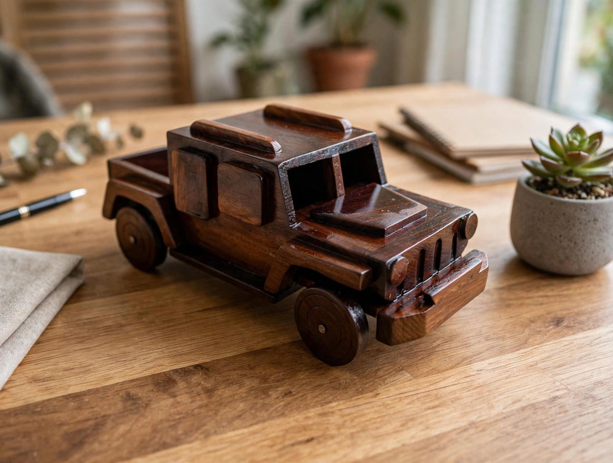 Handcrafted Wooden Jeep Model – Rustic Vintage Car Décor
