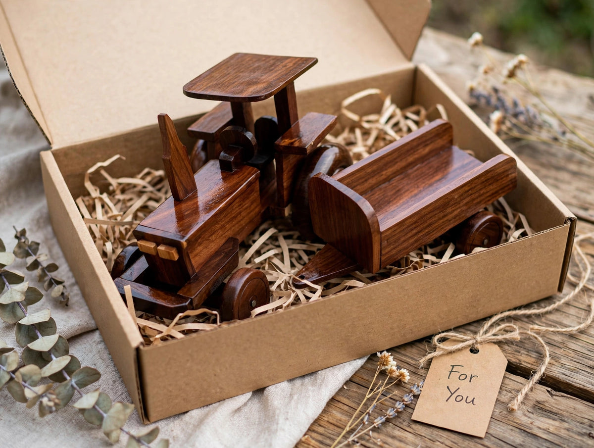 Handcrafted Wooden Tractor with Trailer – Premium Wooden Decorative Showpiece