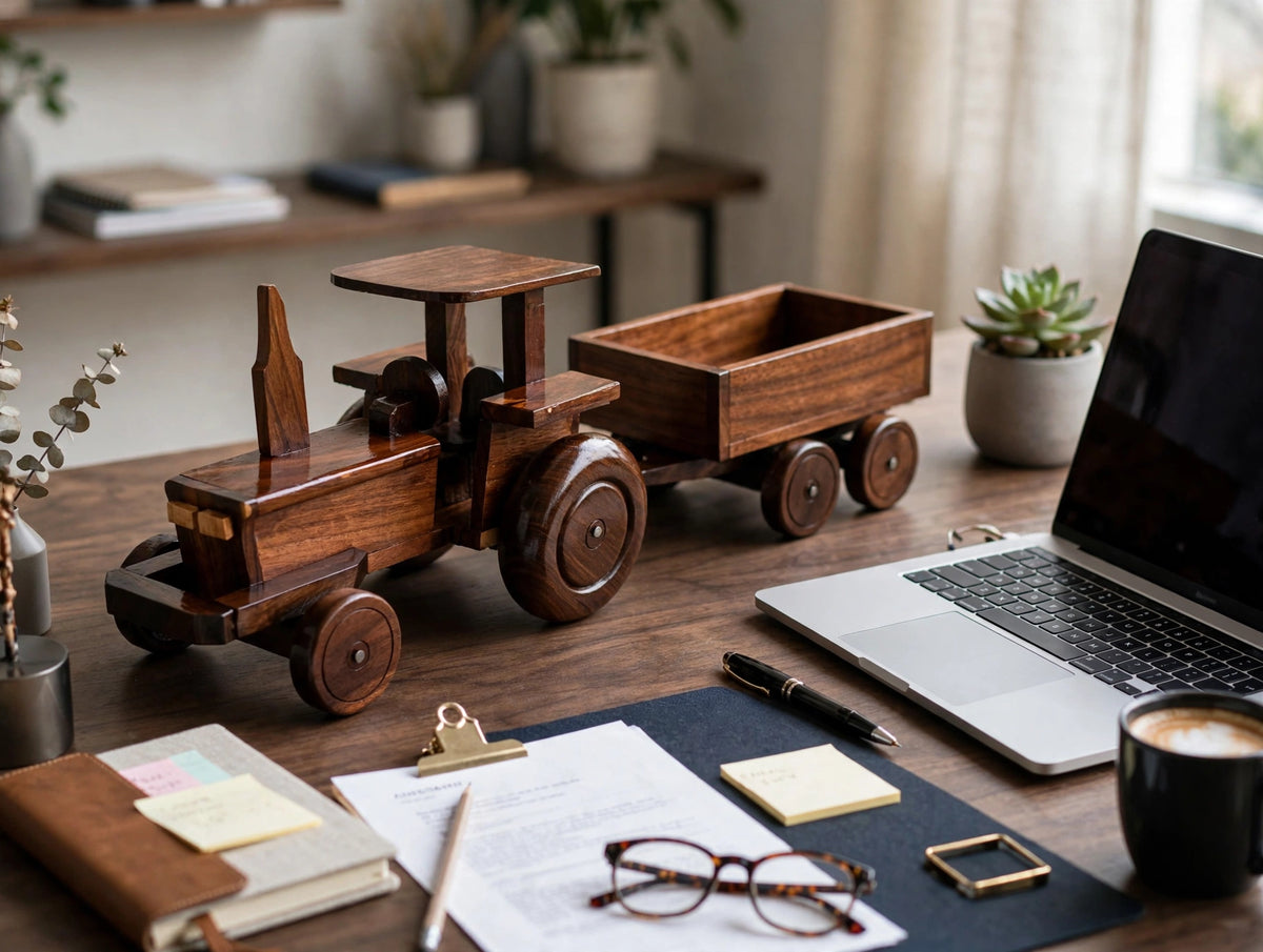 Handcrafted Wooden Tractor with Trailer – Premium Wooden Decorative Showpiece