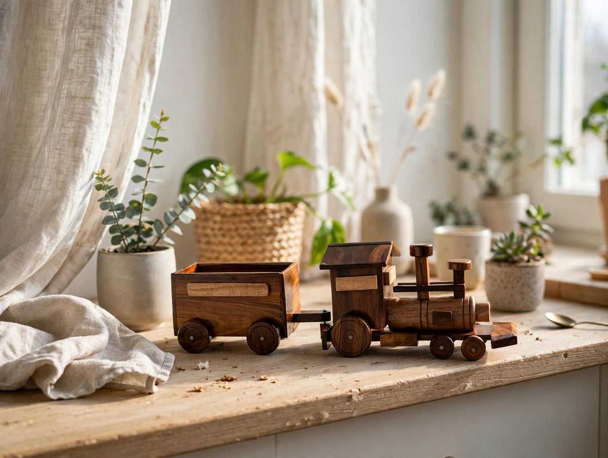 Handmade Wooden Train Set Model –  Locomotive & Wagon Decor