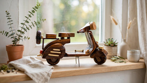 Handmade Wooden Scooter Model – Rustic Vintage Motorcycle Decor