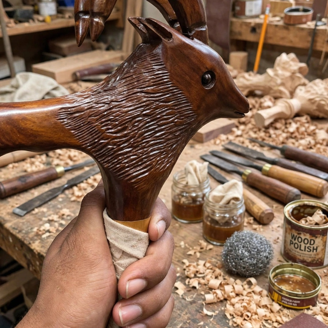 Handcrafted Ibex Head Wooden Walking Cane – Carved Mountain Goat Design